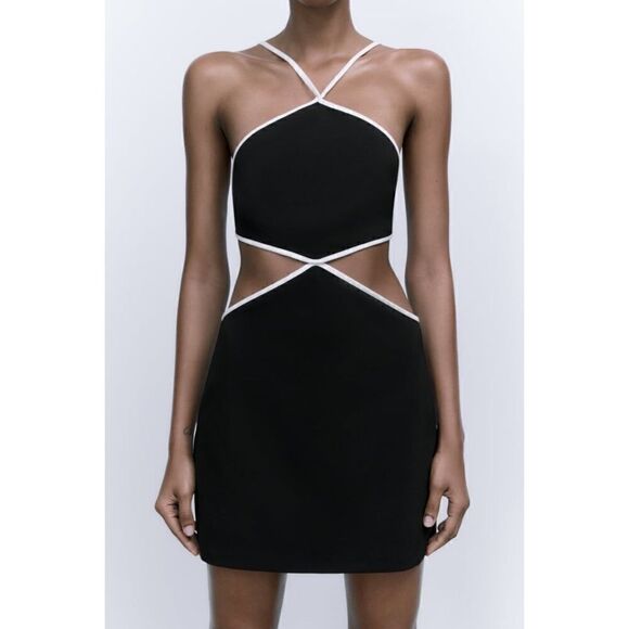 NWT Zara Black & White Contrast Piping Halter Cut Out Mini Dress, Size XS - Picture 3 of 15